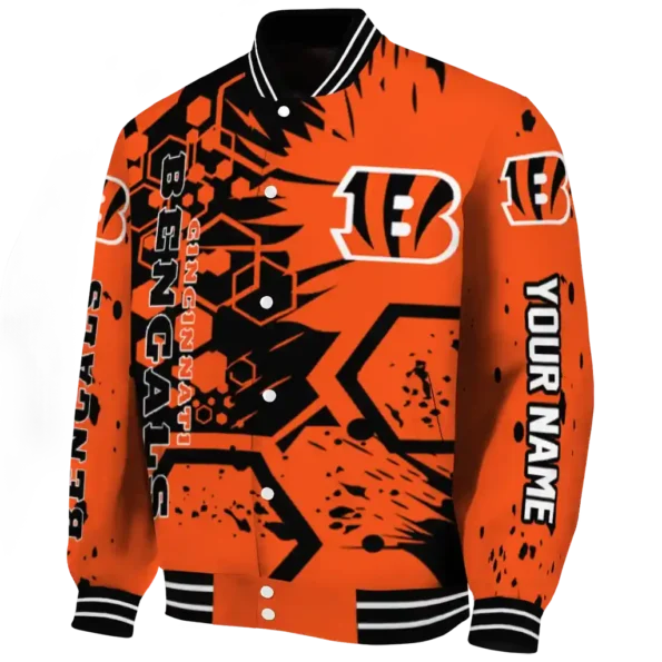 personalized cincinnati bengals hexagon cluster orange black varsity jacket best selling.webp