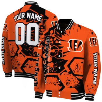personalized cincinnati bengals hexagon cluster orange black varsity jacket fashion forward.webp