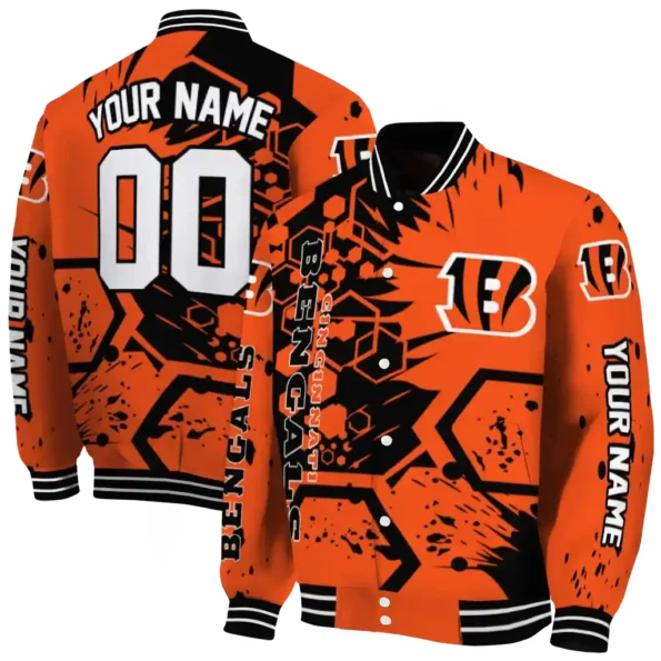 personalized cincinnati bengals hexagon cluster orange black varsity jacket fashion forward.webp