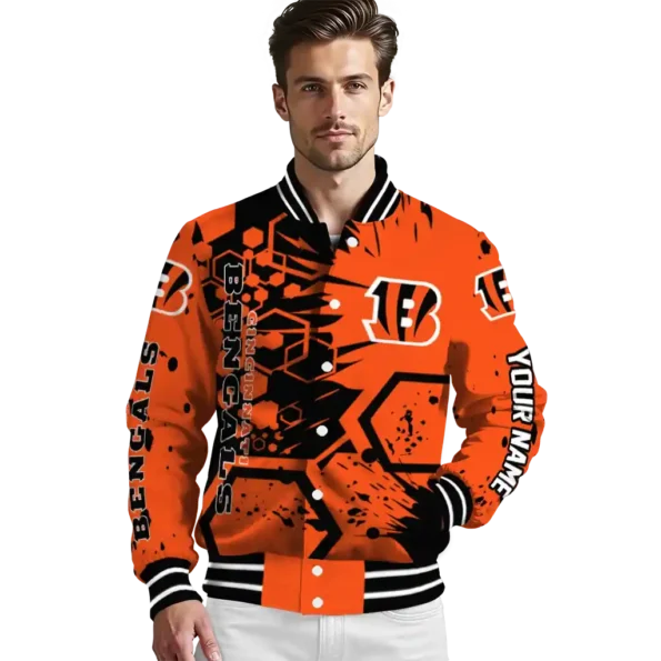 personalized cincinnati bengals hexagon cluster orange black varsity jacket high quality.webp