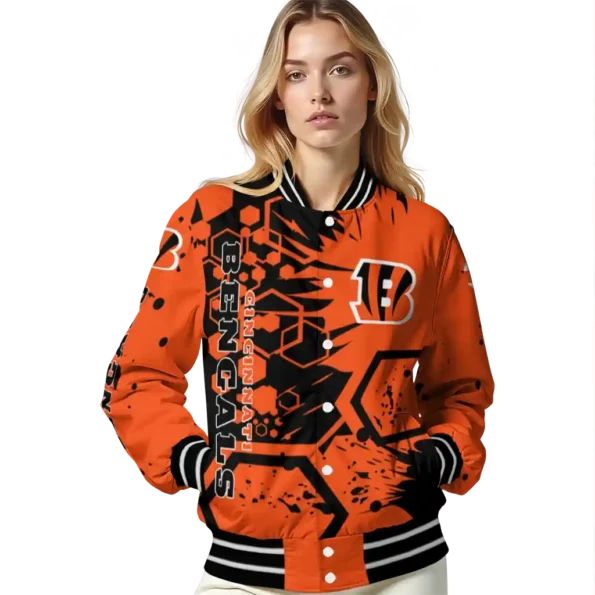 personalized cincinnati bengals hexagon cluster orange black varsity jacket latest model.webp