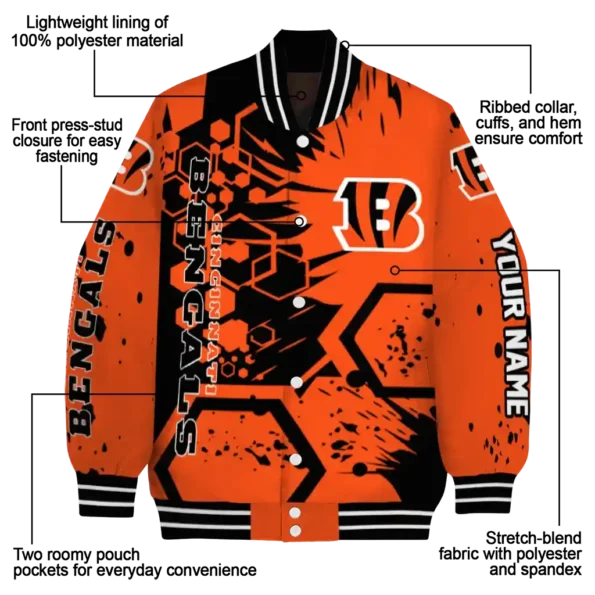 personalized cincinnati bengals hexagon cluster orange black varsity jacket new arrival.webp