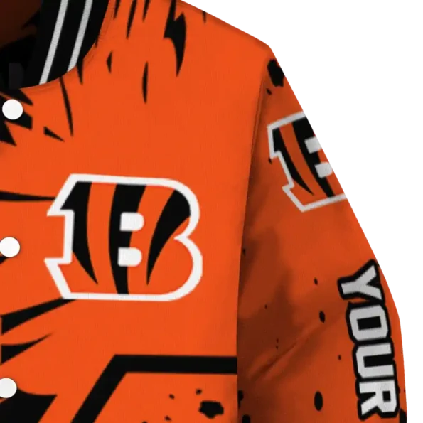personalized cincinnati bengals hexagon cluster orange black varsity jacket premium grade.webp