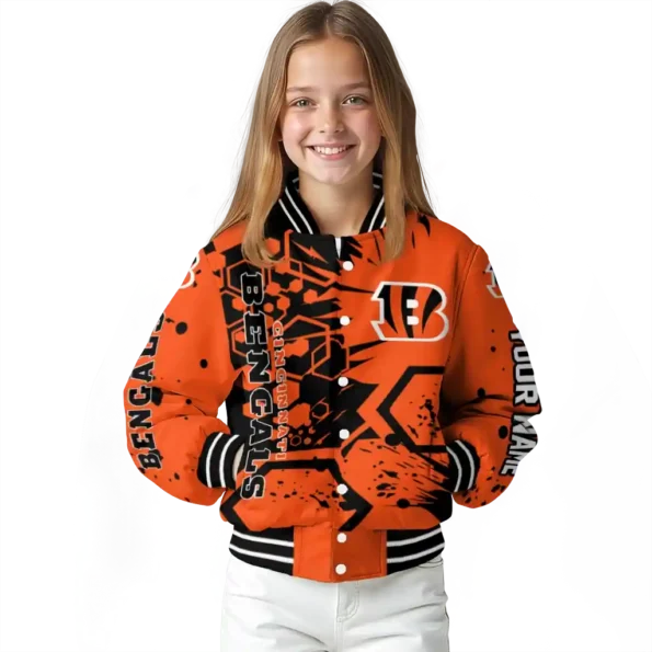 personalized cincinnati bengals hexagon cluster orange black varsity jacket top rated.webp