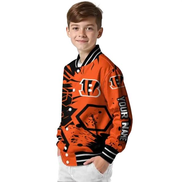 personalized cincinnati bengals hexagon cluster orange black varsity jacket trendy.webp