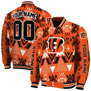 personalized cincinnati bengals pyramid shapes orange varsity jacket fashion forward.webp