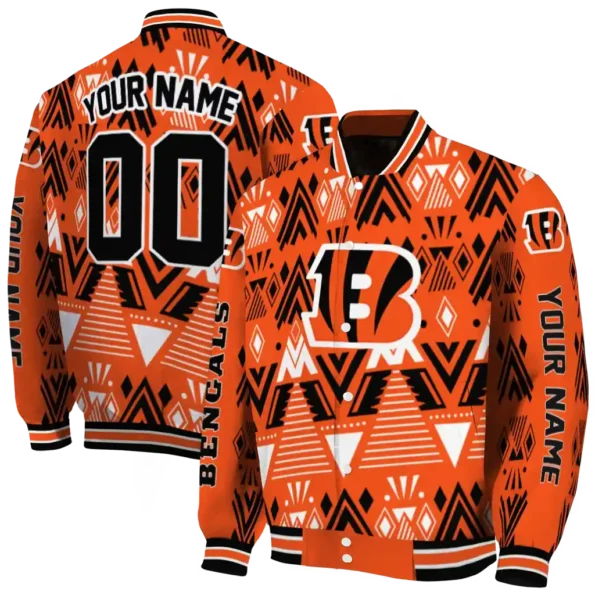 personalized cincinnati bengals pyramid shapes orange varsity jacket fashion forward.webp