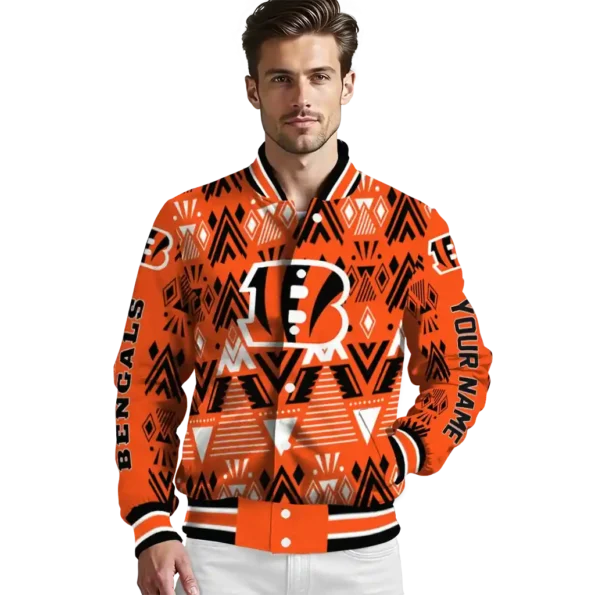 personalized cincinnati bengals pyramid shapes orange varsity jacket high quality.webp
