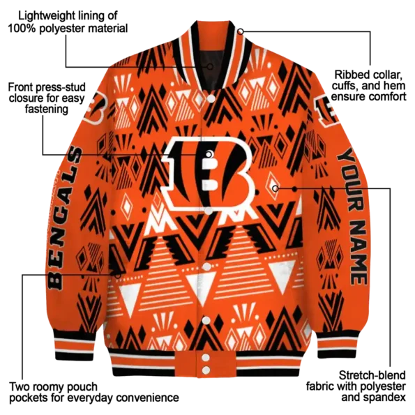 personalized cincinnati bengals pyramid shapes orange varsity jacket new arrival.webp