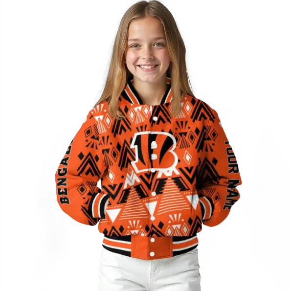 personalized cincinnati bengals pyramid shapes orange varsity jacket top rated.webp