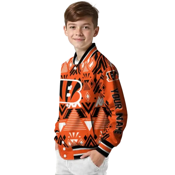 personalized cincinnati bengals pyramid shapes orange varsity jacket trendy.webp