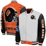 personalized cincinnati bengals speckled arms orange gray varsity jacket best selling.webp
