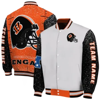 personalized cincinnati bengals speckled arms orange gray varsity jacket fashion forward.webp