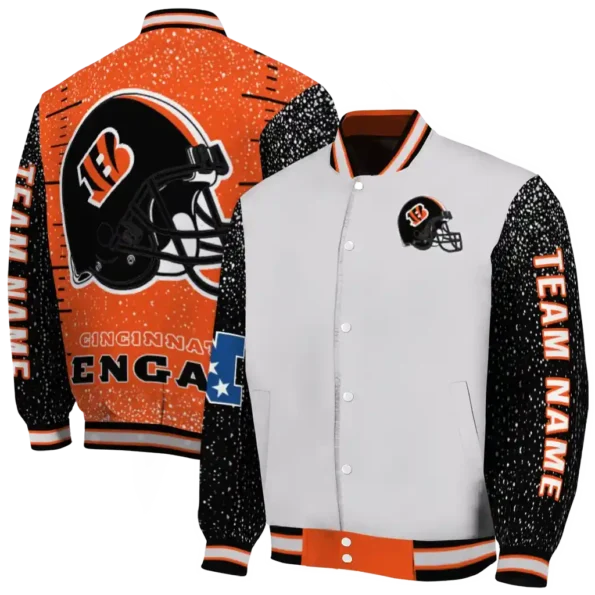 personalized cincinnati bengals speckled arms orange gray varsity jacket fashion forward.webp
