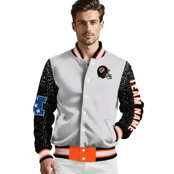 personalized cincinnati bengals speckled arms orange gray varsity jacket high quality.webp