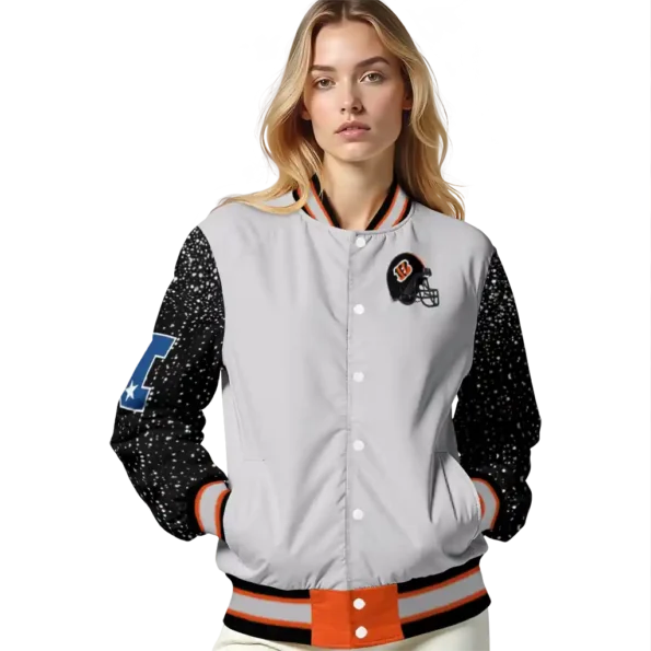 personalized cincinnati bengals speckled arms orange gray varsity jacket latest model.webp
