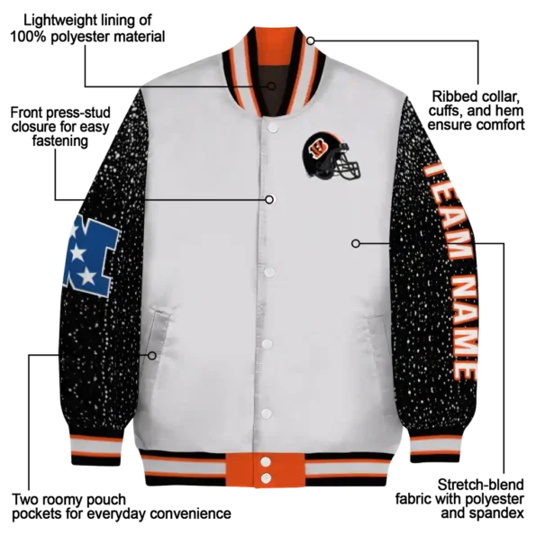 personalized cincinnati bengals speckled arms orange gray varsity jacket new arrival.webp