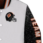 personalized cincinnati bengals speckled arms orange gray varsity jacket best selling.webp