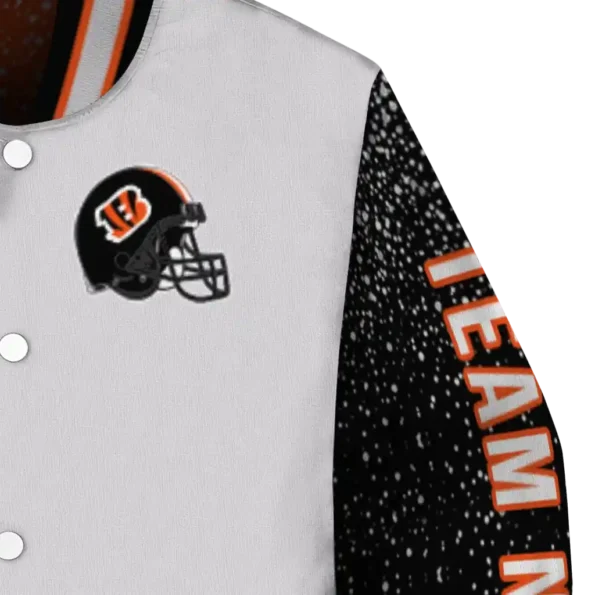 personalized cincinnati bengals speckled arms orange gray varsity jacket premium grade.webp