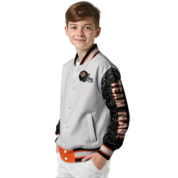 personalized cincinnati bengals speckled arms orange gray varsity jacket trendy.webp