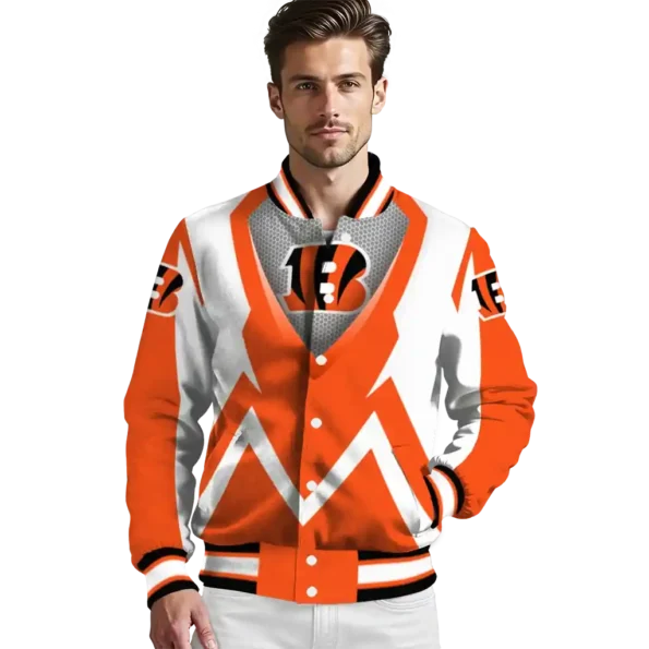 personalized cincinnati bengals v stripes orange white varsity jacket high quality.webp