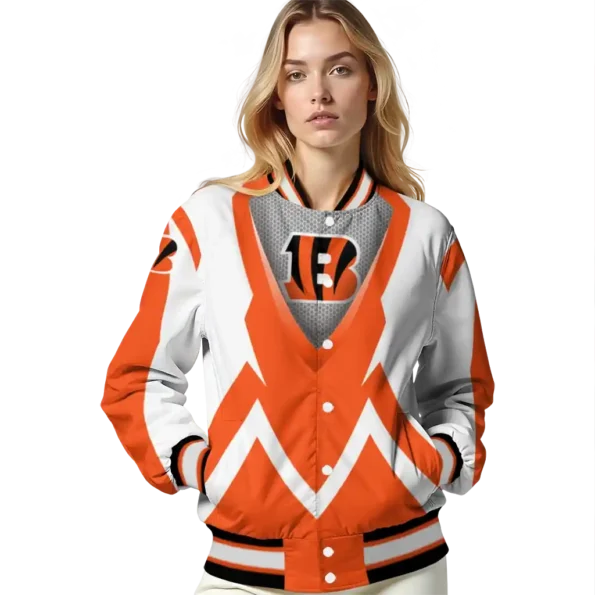 personalized cincinnati bengals v stripes orange white varsity jacket latest model.webp