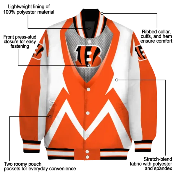 personalized cincinnati bengals v stripes orange white varsity jacket new arrival.webp