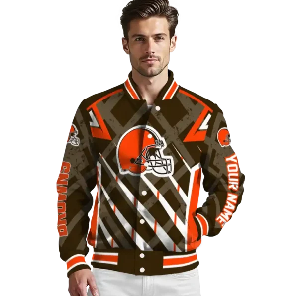 personalized cleveland browns chevron angles brown varsity jacket high quality.webp