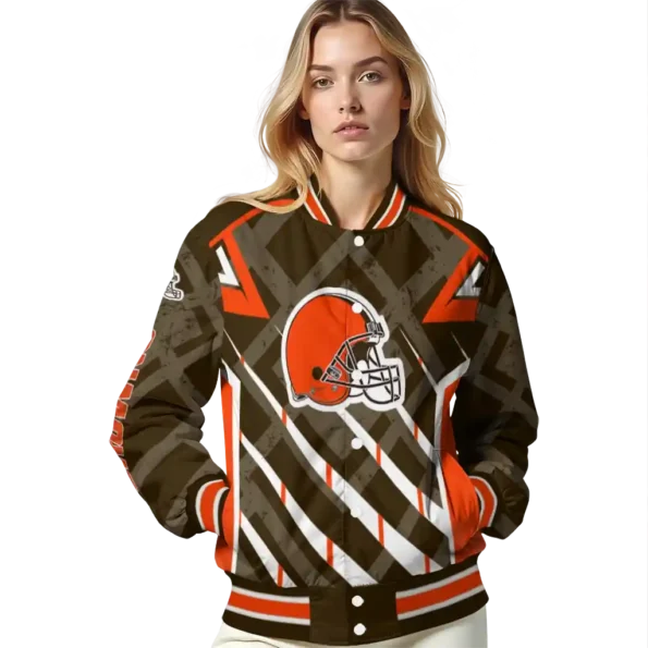 personalized cleveland browns chevron angles brown varsity jacket latest model.webp