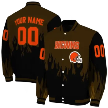 personalized cleveland browns flame border brown black varsity jacket fashion forward.webp