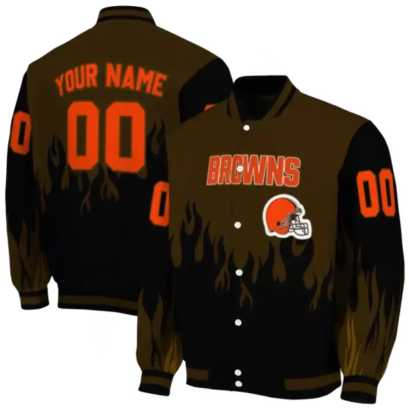 personalized cleveland browns flame border brown black varsity jacket fashion forward.webp