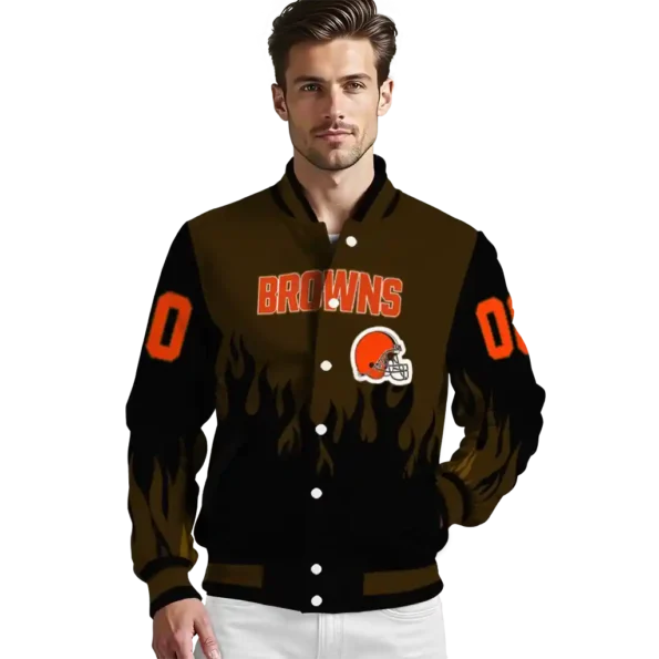 personalized cleveland browns flame border brown black varsity jacket high quality.webp