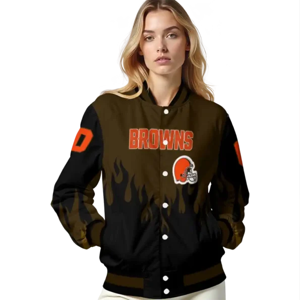 personalized cleveland browns flame border brown black varsity jacket latest model.webp