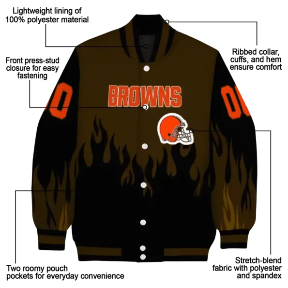 personalized cleveland browns flame border brown black varsity jacket new arrival.webp