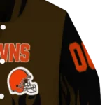 personalized cleveland browns flame border brown black varsity jacket best selling.webp