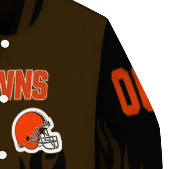 personalized cleveland browns flame border brown black varsity jacket premium grade.webp
