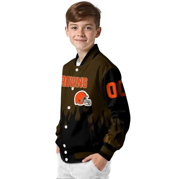 personalized cleveland browns flame border brown black varsity jacket trendy.webp