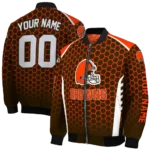 personalized cleveland browns hexagon grid brown bomber jacket best selling