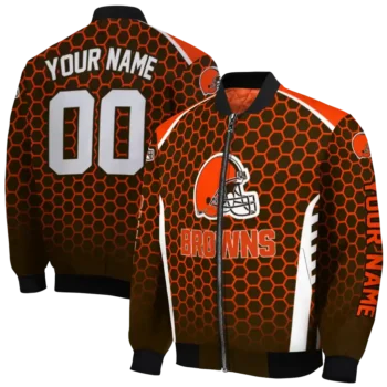 personalized cleveland browns hexagon grid brown bomber jacket fashion forward