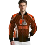 personalized cleveland browns hexagon grid brown bomber jacket best selling