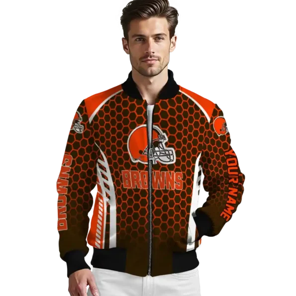 personalized cleveland browns hexagon grid brown bomber jacket high quality