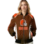 personalized cleveland browns hexagon grid brown bomber jacket best selling