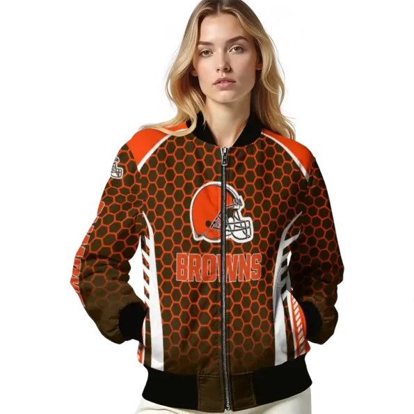 personalized cleveland browns hexagon grid brown bomber jacket latest model