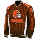 personalized cleveland browns hexagon grid brown varsity jacket best selling.webp