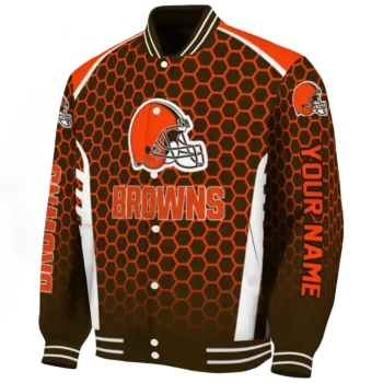 personalized cleveland browns hexagon grid brown varsity jacket best selling.webp