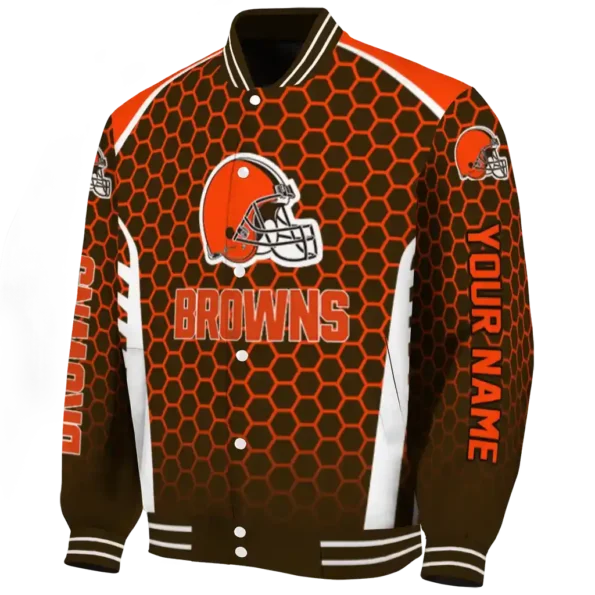 personalized cleveland browns hexagon grid brown varsity jacket best selling.webp