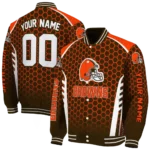 personalized cleveland browns hexagon grid brown varsity jacket best selling.webp