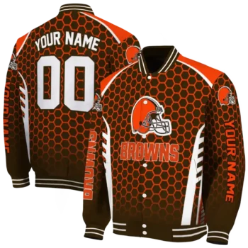 personalized cleveland browns hexagon grid brown varsity jacket fashion forward.webp