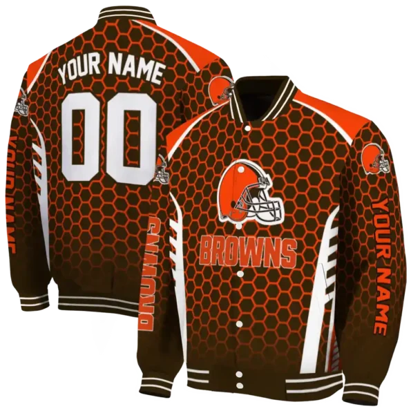 personalized cleveland browns hexagon grid brown varsity jacket fashion forward.webp