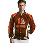 personalized cleveland browns hexagon grid brown varsity jacket best selling.webp